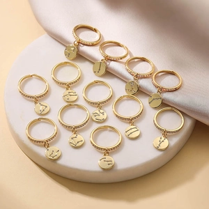 Retro Gold Copper Zirconia Inlaid Twelve Zodiac Constellation Open Adjustable Ring For Women Horoscope Sign Finger Ring Jewelry