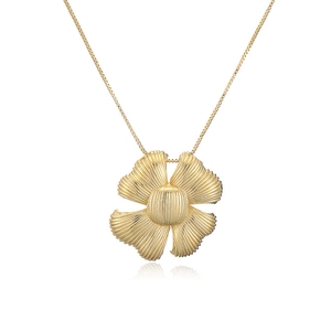 18K gold plated clover flower pendant necklace with textured petals on white background