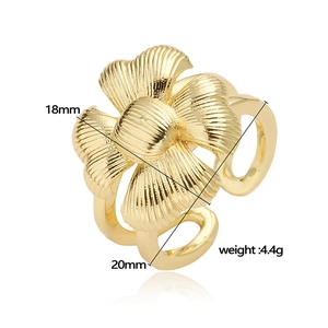 18K gold plated clover ring with textured petals, adjustable open style for women