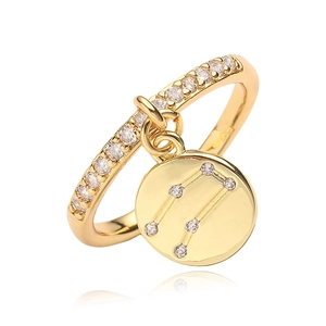 Macro shot of gold adjustable Gemini constellation ring with sparkling cubic zirconia