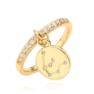 Adjustable gold zodiac ring with sparkling cubic zirconia and engraved Aquarius pendant