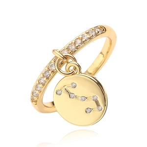 Zodiac constellation open ring in gold with sparkling zircon stones and round charm