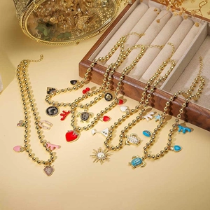 Fashion Gold Plated Copper Bead Chain Necklace With Colorful Enamel Fruit Heart Charms Rhinestone Drip Oil Pendant Jewelry