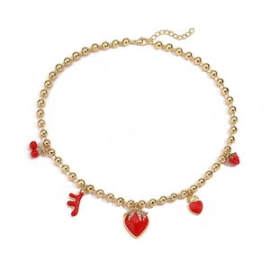Gold beaded necklace with colorful cherry and strawberry enamel pendants for women