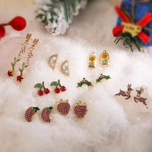 Christmas Reindeer Fruit Stud Earrings Zircon Gold Plated Copper Strawberry Cherry Letters Earrings For Women Jewelry