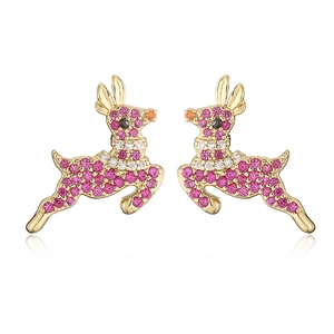 Macro view of gold plated reindeer stud earrings with pink and white zirconia stones