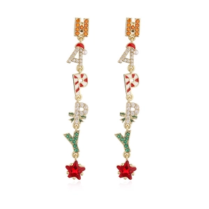 Detailed view of long HAPPY Christmas earrings with red star gemstone and holiday elements
