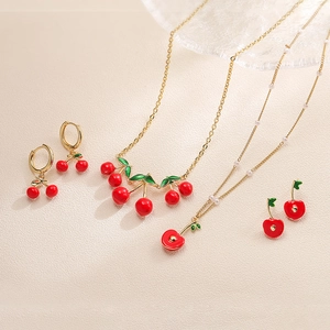 Sweet Copper Fruit Jewelry Set Red Enamel Cherry Apple Pendant Necklace Artificial Pearl Chain Hoop Stud Earrings Women Jewelry