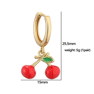 Colorful enamel cherry drop earrings with gold finish and green leaves for women
