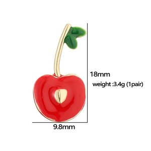 Sweet red cherry earrings with green leaves, size 18mm x 9.8mm, weight 3.4g per pair