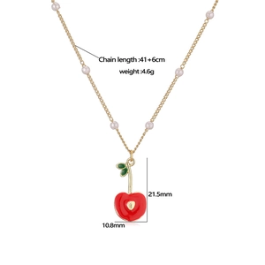 Sweet red enamel cherry pendant necklace with gold chain and pearls, size 21.5mm x 10.8mm