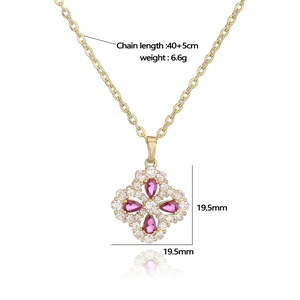 Luxury gold necklace with pink crystal clover pendant and dimensions specifications