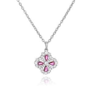 Detail of clover pendant necklace with pink pear-cut stones and silver chain