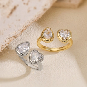 Women's Fashion Copper Zircon Heart Water Drop Open Ring Gold Silver Plated Adjustable Heart Shaped Pear Cut Zirconia Ring Jewelry