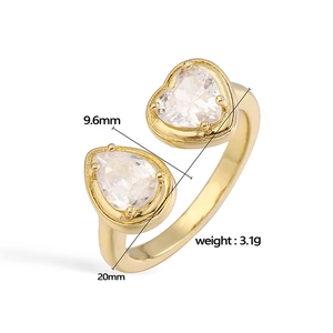Elegant gold-plated adjustable ring with heart and teardrop-shaped zirconia stones