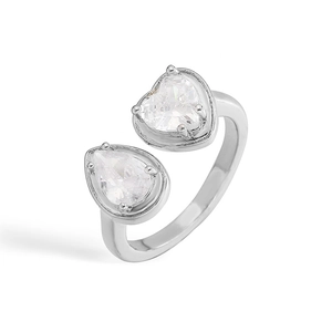 Silver tone adjustable open ring featuring heart and pear shape cubic zirconia stones