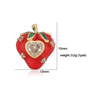 Süße Erdbeer-Ohrstecker mit Herz-Zirkon, rote Emaille, Maße ca. 15mm mal 13mm groß