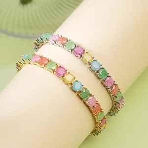 Leichter Luxus Kupfer Regenbogen Tennis Armband Eingelegt Bunte Zirkonia Runde Steine Mehrfarbig Modeschmuck Für Damen