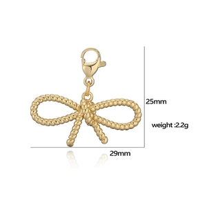 Detailed view of a gold bow-knot charm with a lobster clasp and dimensions shown