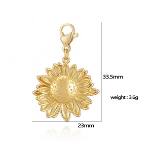 Detailed view of a golden sunflower pendant with dimensions and weight measurements