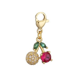 Exquisite cherry charm pendant with green leaves, red gemstones and pavé zircon detailing
