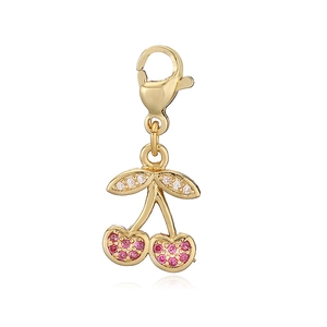 Exquisite cherry charm pendant with pink and clear zircons and gold lobster clasp