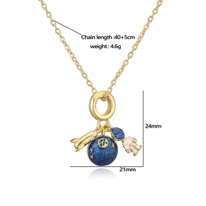Delicate space-themed necklace with blue planet, golden rocket and astronaut pendants