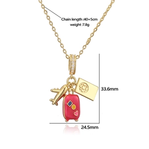 Creative gold travel necklace with airplane, pink suitcase and passport charms
