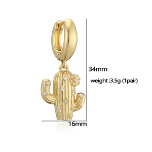 Golden cactus earrings with white crystals for women, measuring 34mm height and 16mm width