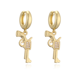 Detailed close-up of gold-plated revolver earrings featuring six cubic zirconia stones