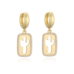 Detail of gold-plated hoop earrings featuring a cactus pendant with sparkling zircon border