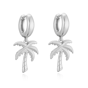 Polished silver palm tree pendant earrings featuring intricate trunk textures and tropical style
