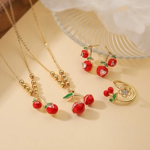 Sweet Gold Plated Copper Cherry Jewelry Set With Zirconia Red Enamel Fruit Heart Necklace Stud Earrings Open Ring For Women