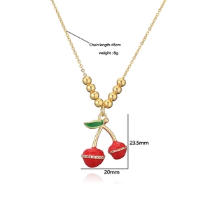 Sweet cherry pendant necklace with red enamel and gold chain for women jewelry