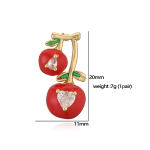 Sweet red cherry heart earrings in gold alloy with colorful oil drip and zircon inlay