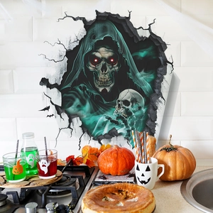 Adesivo murale 3D di Halloween con mietitore che rompe una parete di piastrelle bianche