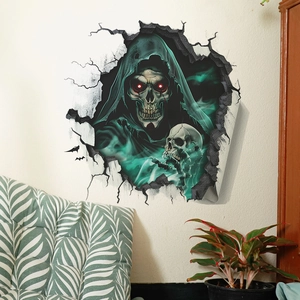 Adesivo murale 3D con mietitore scheletro incappucciato e nebbia verde per decoro parete