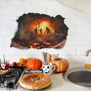 3D Halloween wall decal featuring a flaming zombie breaking through a white brick wall