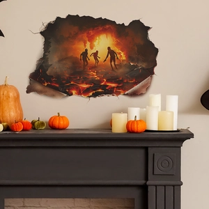 3D cracked wall decal featuring scary zombies and flames for Halloween home decoration