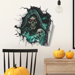 Adesivo murale 3D Halloween con un mietitore dagli occhi rossi che rompe la parete bianca
