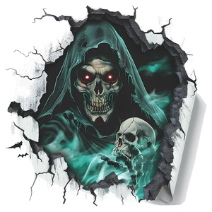 Adesivo murale 3D di Halloween con teschio del Tristo Mietitore che esce da un muro rotto