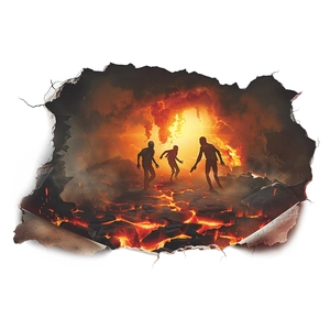 3D Halloween wall sticker featuring zombies and realistic lava through a broken wall