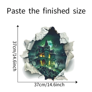 Detailed view of Halloween castle wall sticker showing 37cm by 37cm size dimensions
