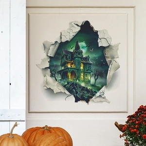 3D Halloween wall sticker with spooky haunted castle and bat design for home decoration