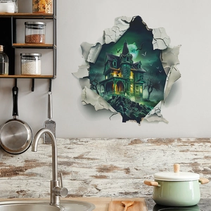 3D Halloween wall sticker with spooky castle through broken wall for home decor