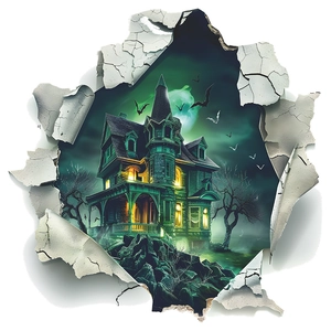 3D Halloween wall sticker featuring a haunted Victorian castle under a green full moon