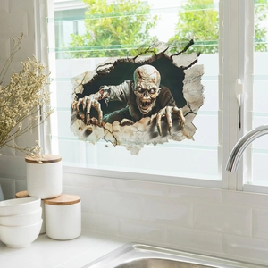 Halloween 3D zombie wall sticker showing a terrifying creature breaking through the wall