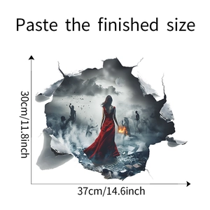 Detail of 3D Halloween wall sticker showing a girl in red dress among smoke and shadows