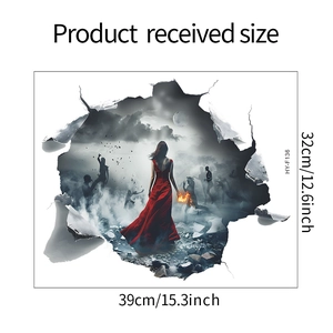 3D Halloween wall sticker showing broken wall effect and red dress girl dimensions