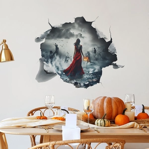 3D Halloween wall sticker showing a red dress girl in fire through a broken wall effect